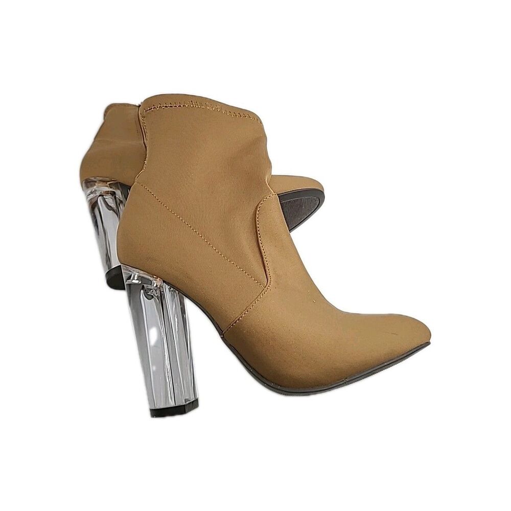 Bamboo Ankle Boot Faux Suede Camel Booties Clear Lucite Heel Women Size 7.5